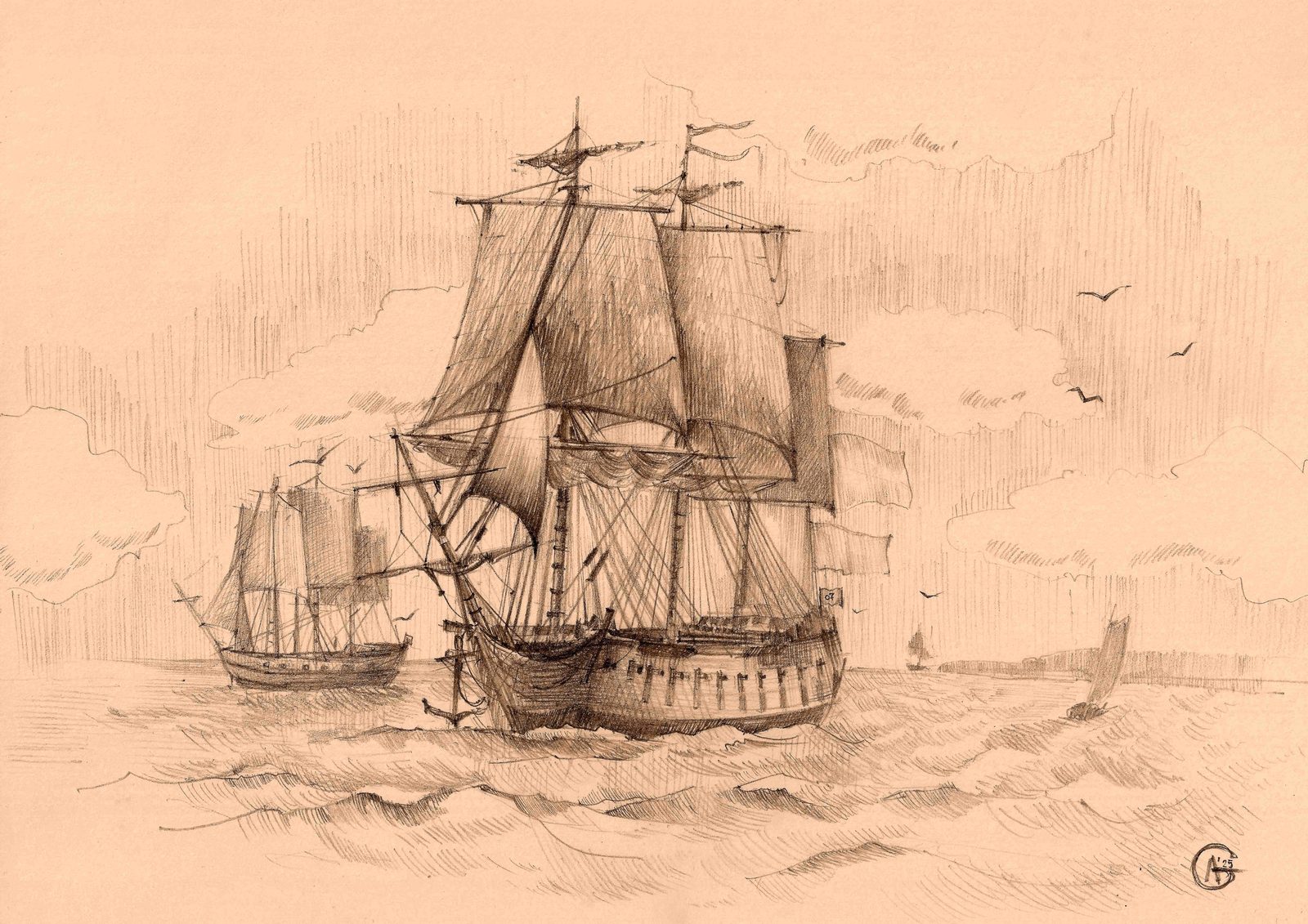 Handgezeichnete Illustration eines Segelschiffs